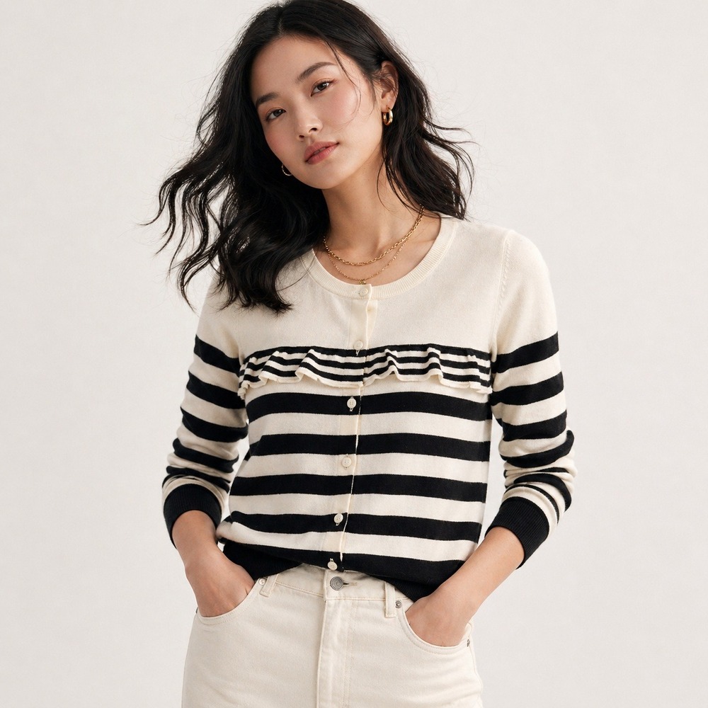 Talbots Breton Stripe Cardigan Ivory Black Sz S NWT